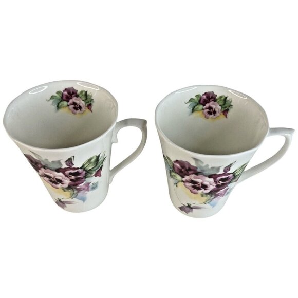 2 Royal Patrician Fine Bone China Mugs Pink & Purple Pansies Staffordshire bd&s - Picture 2 of 15